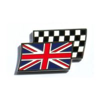 Enamel Union Jack Over Chequered Flag Stick On Badge